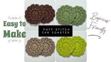 Crochet Puff stitch car coaster step by step tutorial. Beginner friendly. Make in just a few minutes