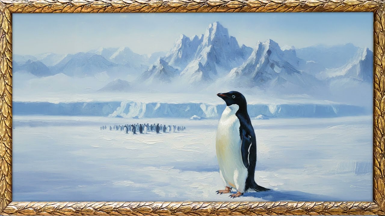 Nihilist Penguin Oil Painting | Relaxing 4K Winter Ambient Gold Frame TV Art