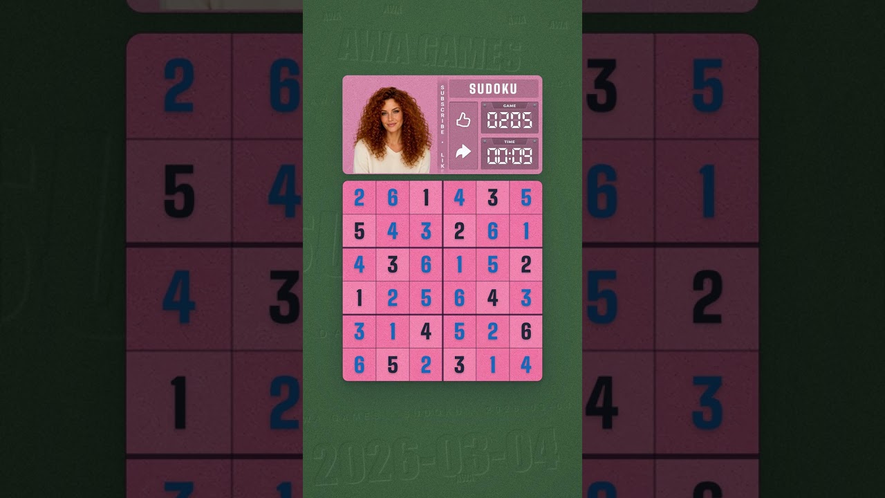 LinkedIn Mini Sudoku #205 solved board for March 4, 2026, 6x6 grid