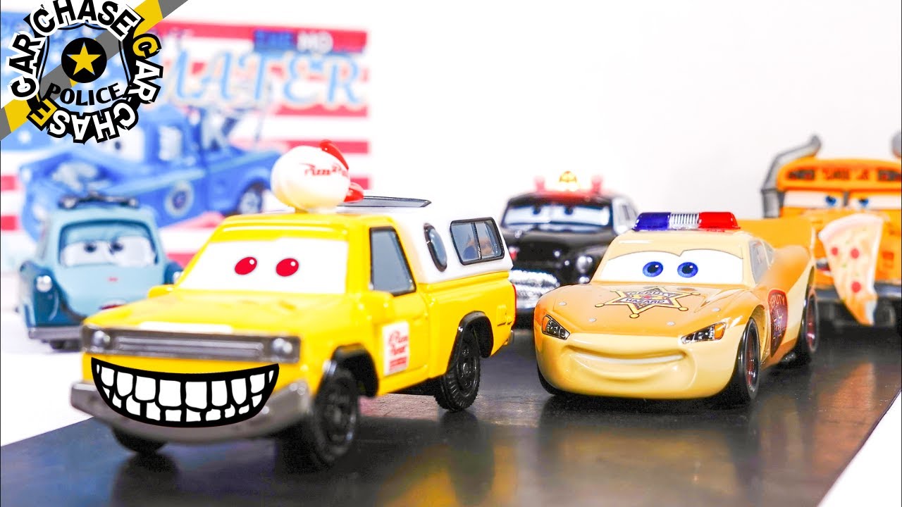 Lightning McQueen & Sheriff vs Pizza Planet Todd Car Chase! Disney Cars Toys Stop Motion Animation!