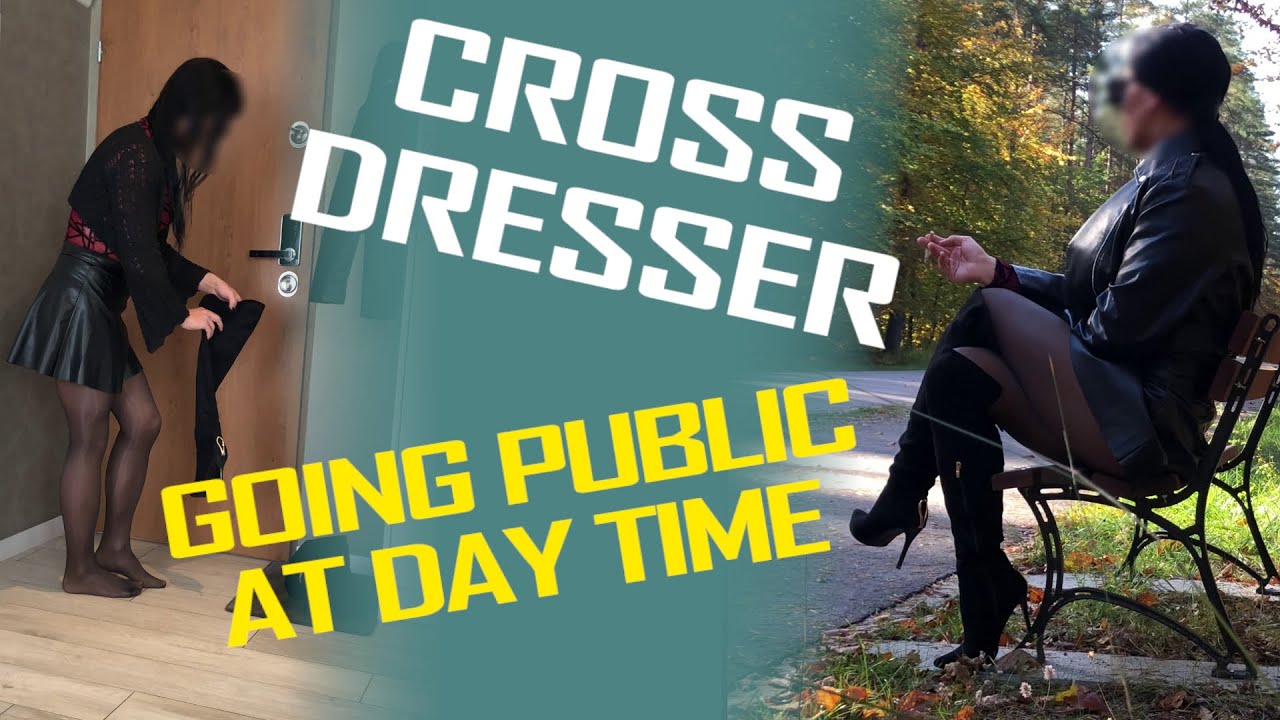 CROSSDRESSER ALEXANDRA GOING OUT FOR PUBLIC WALK IN SHINY PANTYHOSE LEATHER SKIRT AND OVER KNEE BOOT