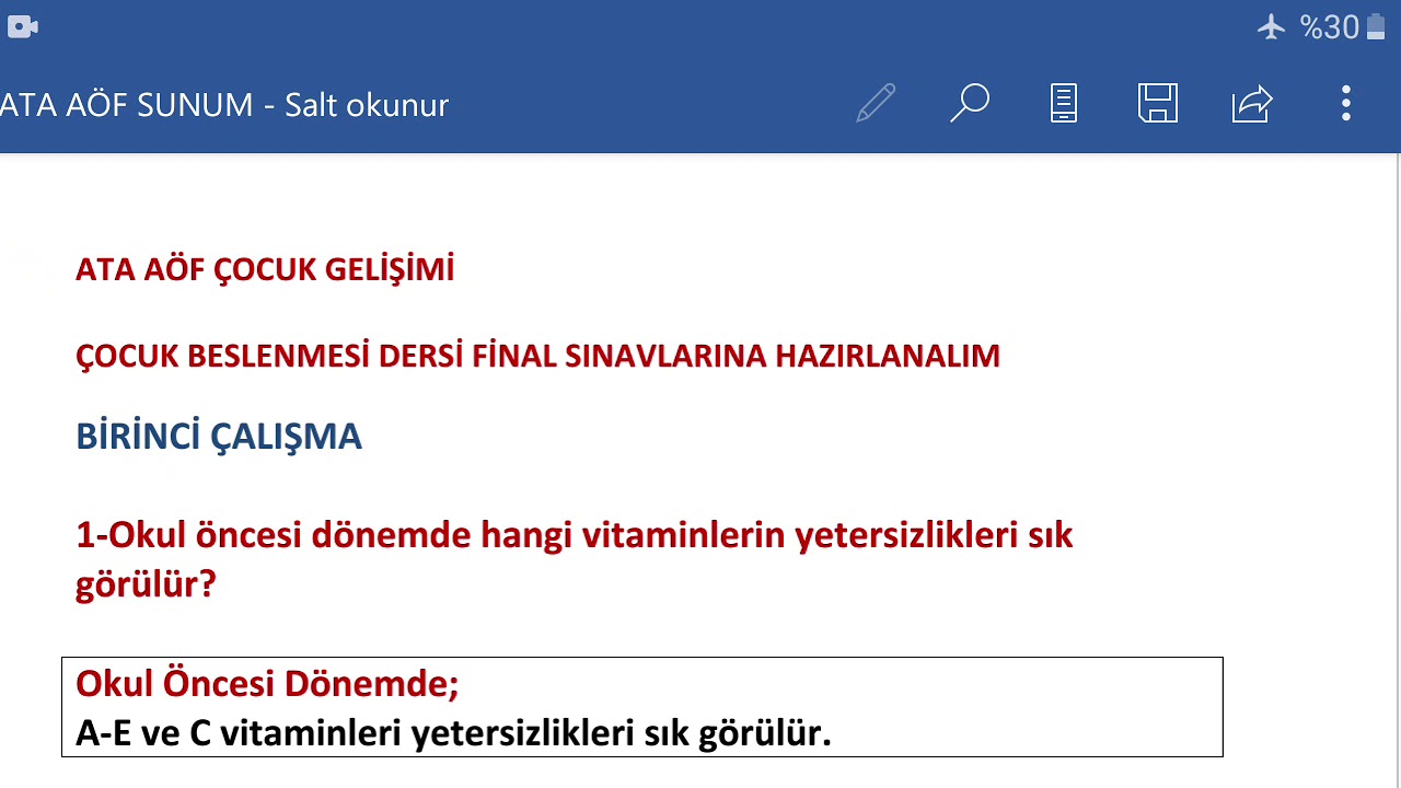 ATA AÖF ÇOCUK BESLENMESİ DERSI FİNAL İCİN SORU CEVAP 1