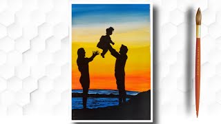 A romantic couple on sea beach painting || loving couple scenery painting simple painting ideas