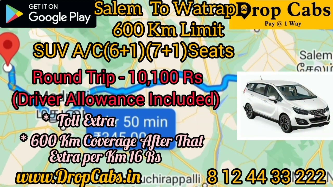 Salem to Watrap Drop Cabs @ 4200RS Oneway Drop Taxi, Round Trip