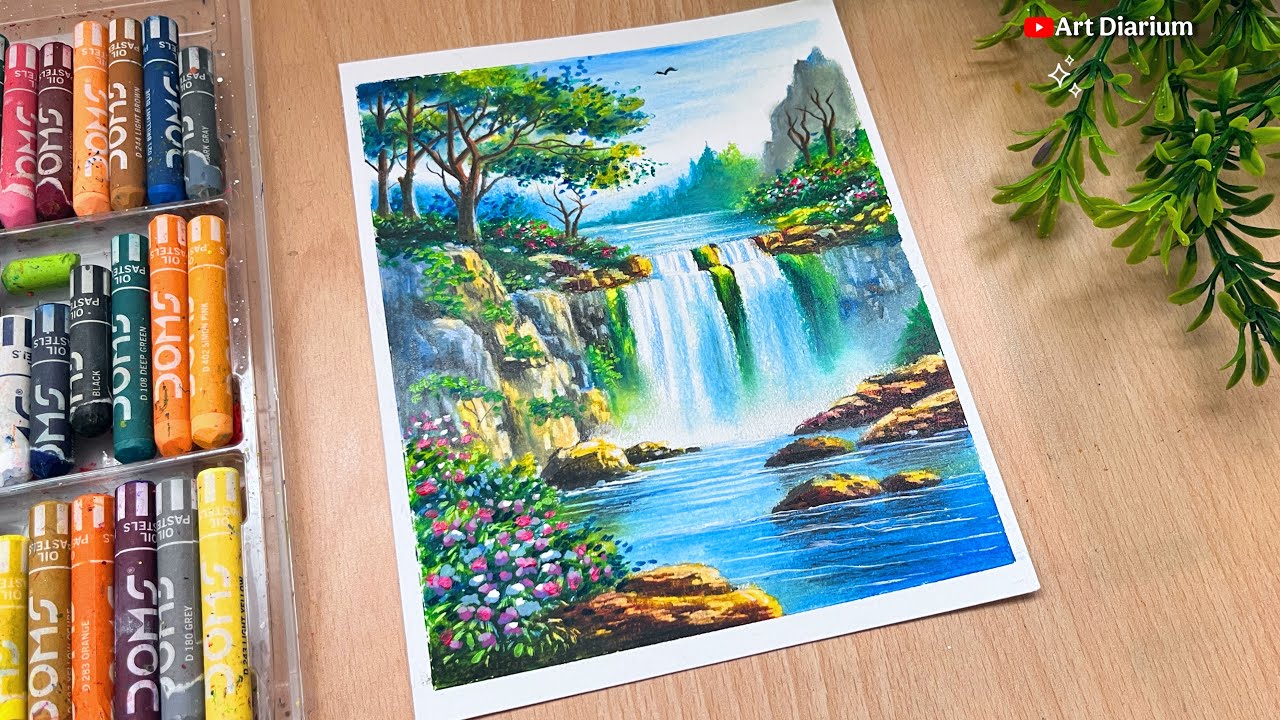 Beautiful Waterfall Landscape Drawing | Oil Pastel Scenery Step by Step | Art Diarium