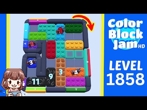Color Block Jam Level 1858 visible Level 1858, 1:45 chain-counter layout with 11 / 9 blockers opening frame