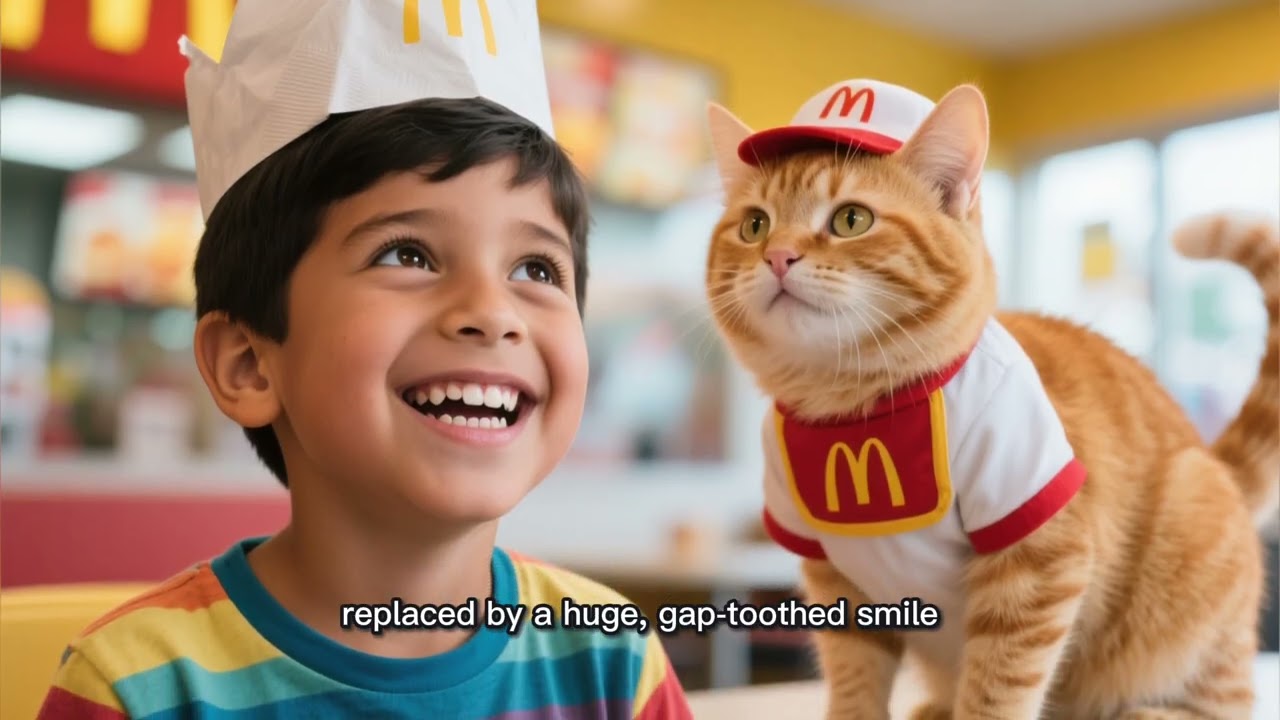 A cute anthropomorphic cat working at McDonald's, wearing a red and yellow 