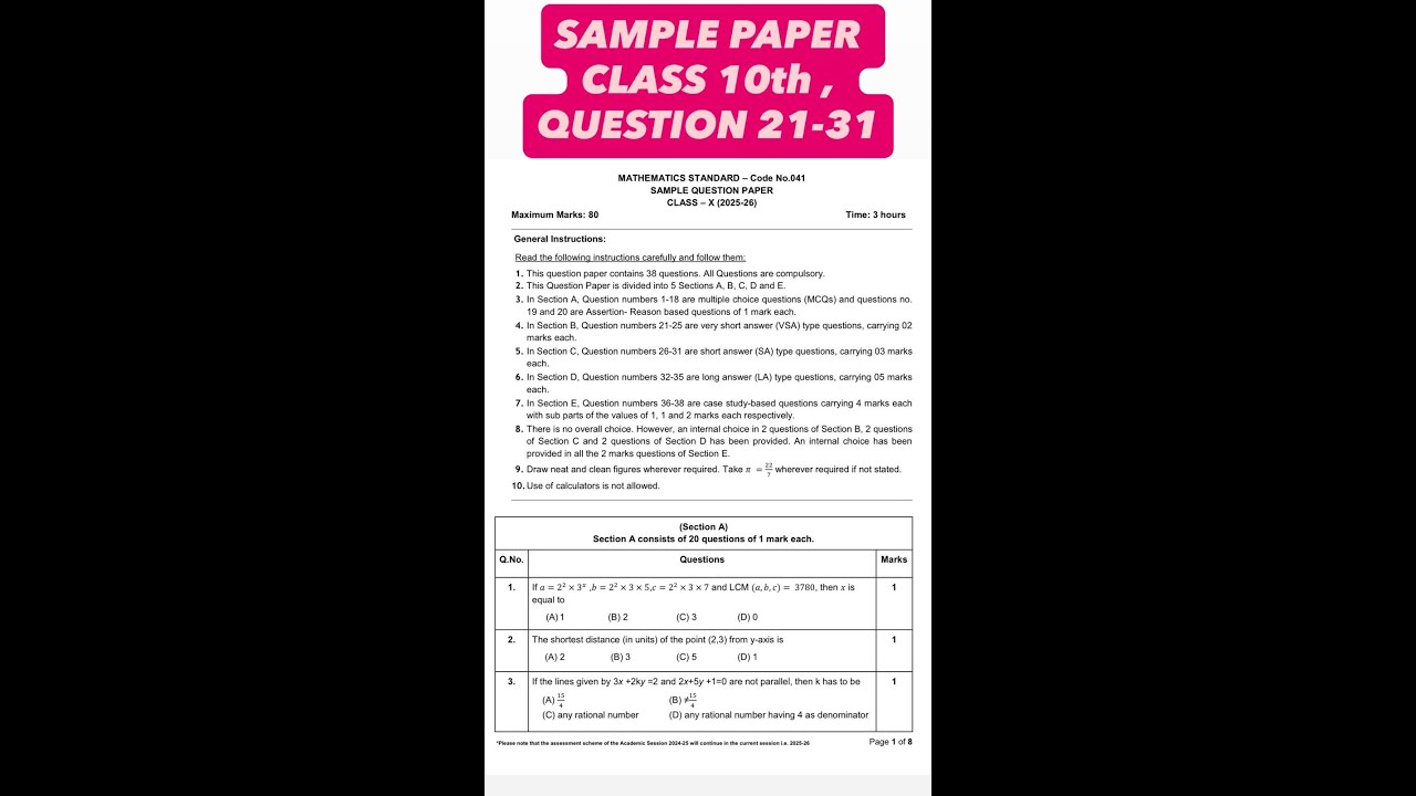 Sample paper | CBSE | 2025-2026 | class10 | Mathematics | section-B, C