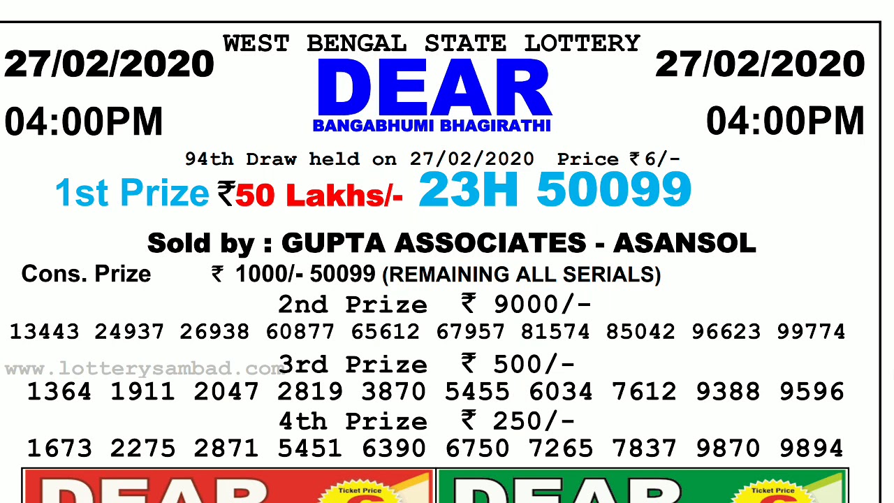 West Bengal Lottery Result Today (DEAR BANGABHUMI BHAGIRATHI) 27/02