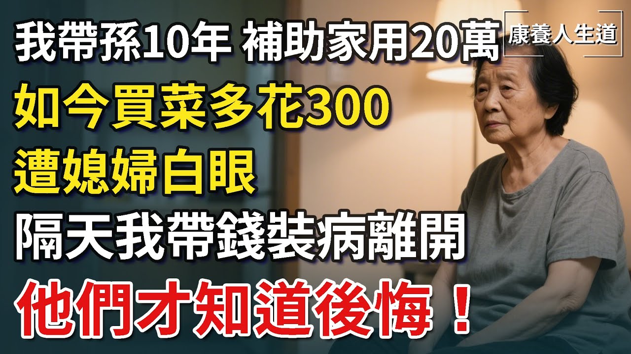我帶孫十年，補助家用20萬，如今因買菜多花300遭媳婦白眼，隔天我帶錢裝病離開，他們才知道後悔！【康養人生道】 #康養人生道 #上了年紀該明白的事 #養老 #聰明老人 #長壽秘密 #晚年幸福