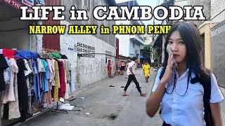 HIDDEN NARROW ALLEY in PHNOM PENH CITY, CAMBODIA​  [2K] WALK TOUR