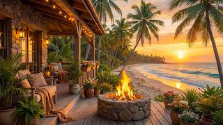 Summer Beach Porch at Sunset 🌴🔥 Gentle Ocean Waves & Cozy Campfire Ambience for Deep Sleep