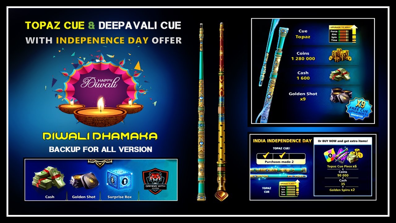 8 Ball Pool Diwali Dhamaka Offer Topaz Cue And Deepavali Cue Backup