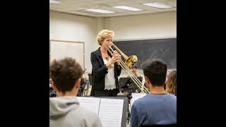 AI Teacher Playing trombone for her AI class