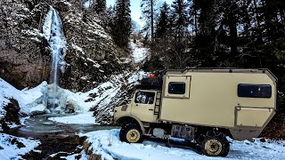 SNOW CAMP UNDER THE WATERFALL WITH A CAMPER