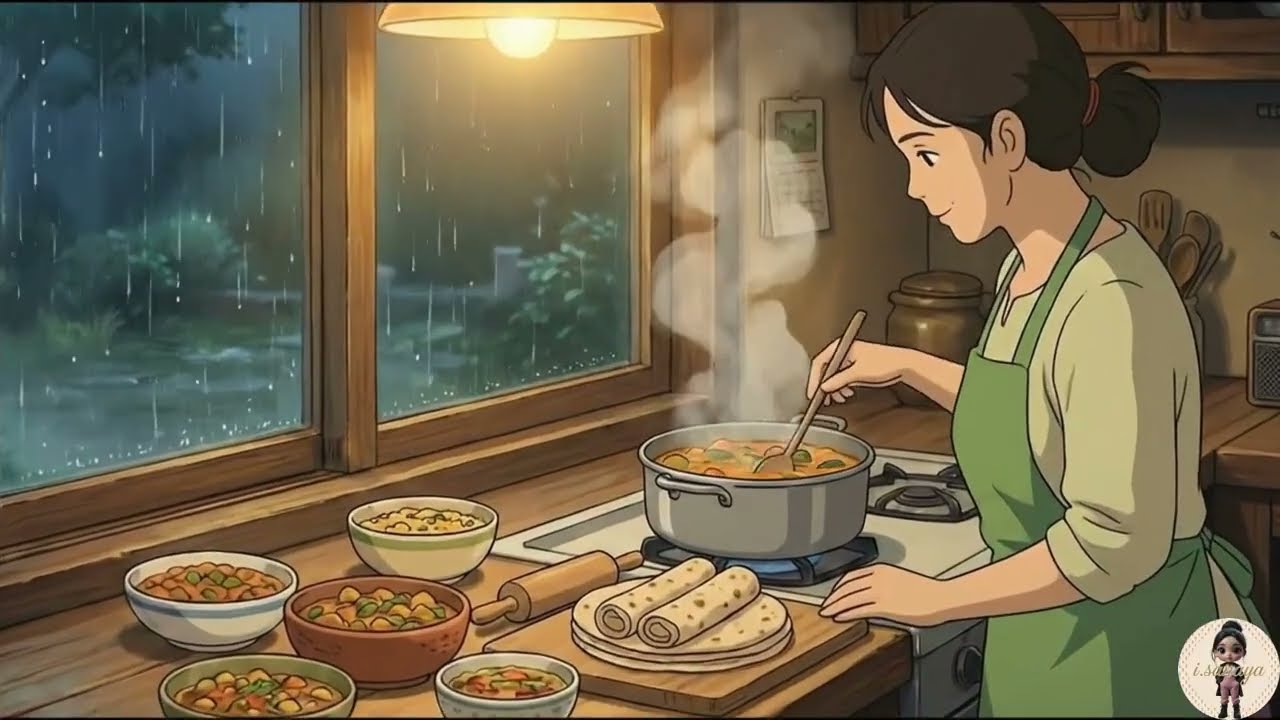 Rainy winter, family & warm food 🍲❄️.Winter rain in a Ghibli dream ❄️✨