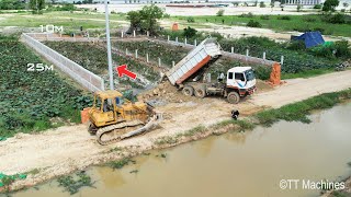 Starting New Project Dump Trucks 10Wheel Unloading & Strong Old Bulldozer Pushing Soil Fill The Land