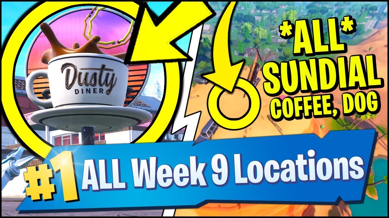 DANCE ON A SUNDIAL, OVERSIZED CUP OF COFFEE, GIANT METAL DOG HEAD (Fortnite Season 7 Week 9)