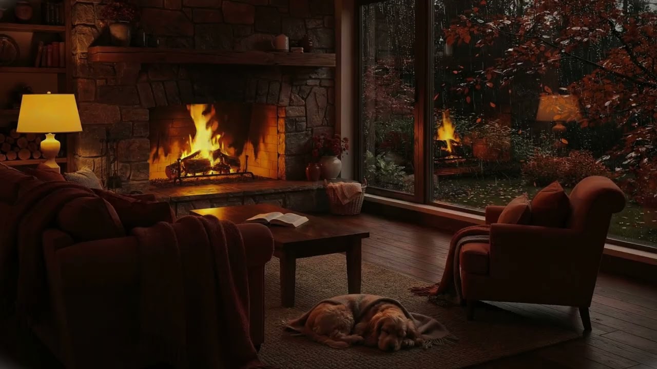 Soft Jazz & Cozy Cabin Fireplace → 4 Hours Autumn Relaxation, Music & Chill