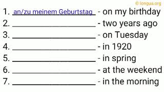 Prepositions, German English, vor ago, während during, am on, between zwischen, lang for, nach after