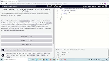 Lesson 111 - creation of range of numbers using recursion - freecodecamp