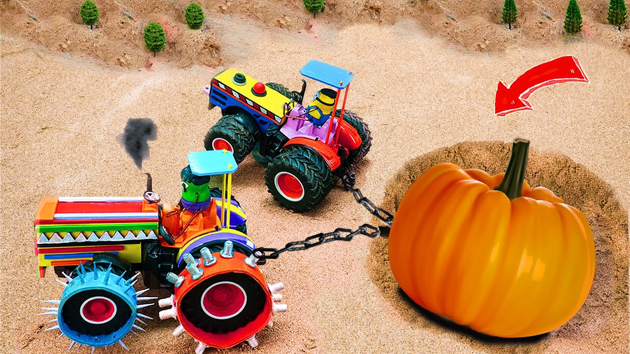 Monster Tractors Pull Giant Pumpkin | Halloween Farm Diy | TheBitje​