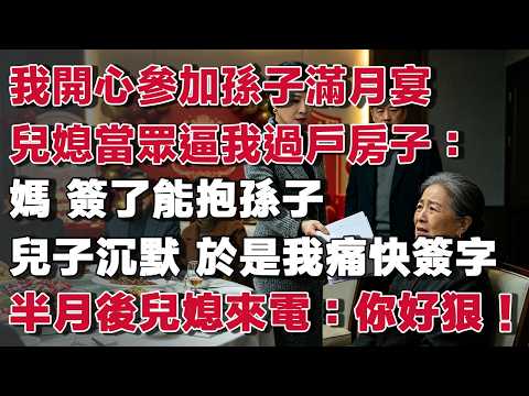 我開心參加孫子滿月宴兒媳當眾逼我過戶房子：媽 簽了能抱孫子兒子沉默 於是我痛快簽字半月後兒媳來電：你好狠！#養老故事 #樂齡故事匯#小說#故事分享 #人生感悟 #家庭#倫理故事