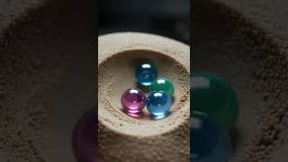 Knife slices through compacted kinetic sand with hidden marbles, marbles roll back in loop.