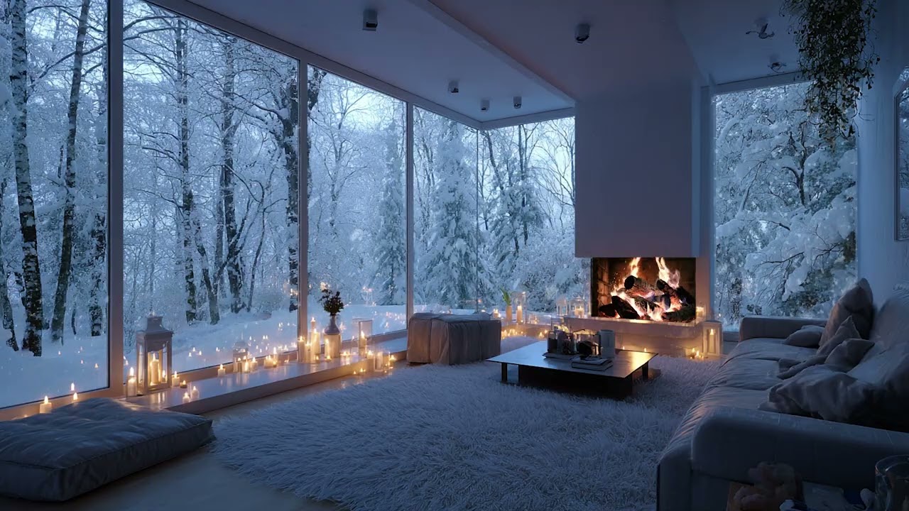 Icy Wind Through the Snow with Warm Fireplace Sounds / Relaxing Winter ASMR 3 Hours