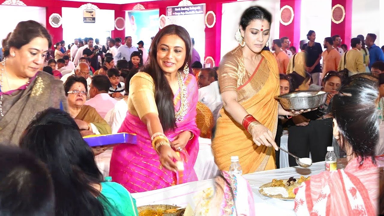 Mukherjee Sisters Kajol & Rani Mukherjee Serving Food To Guests Togethar At Durga Puja Utsav