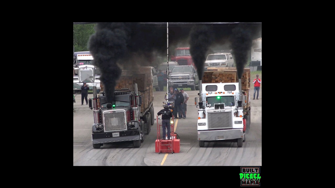 Peterbilt vs Mack Making Wild Black Clouds Loaded Uphill Semi Drag Racing.