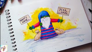 Happy New Year 2022 Gnome Watercolor Painting Step by Step / Paint It