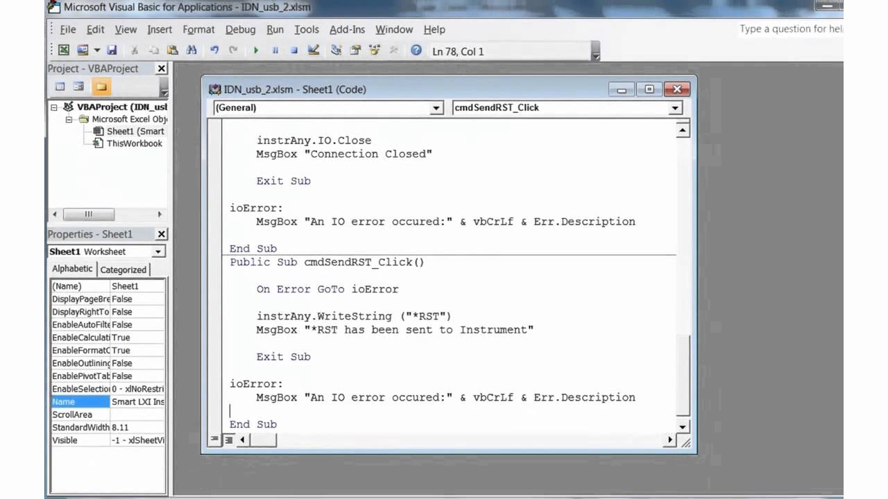 Visual Basic for Excel, Simple Example Program to Control Instruments