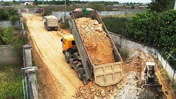 Technical Skills Bulldozer Road​ Construction , dump truck unloading Soil