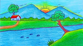 How to draw a mountain river scenery || Easy mountain   drawing for beginners #trending  #viral