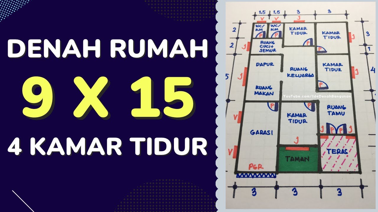 Denah Rumah 9x15 Meter 4 Kamar Tidur - YouTube