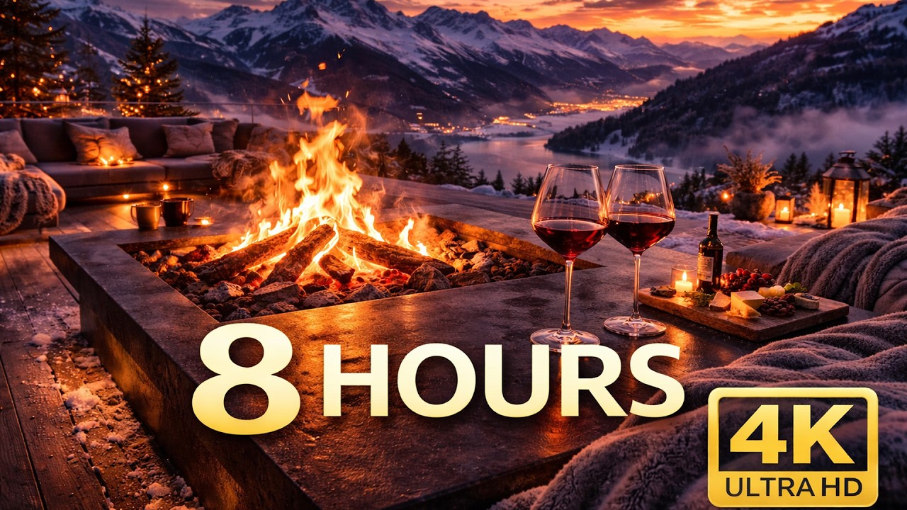 Cozy Fire Pit & Snowy Mountains 🔥 8 Hours of Relaxing Winter Ambience in 4K
