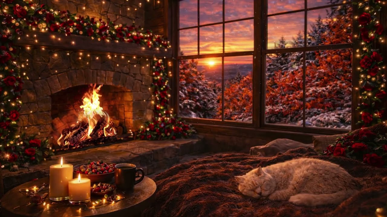 Cozy Christmas Fireplace 🔥 Sleeping Cat | Crackling Fire Sounds | Kamin Geräusche zum Einschlafen 4k