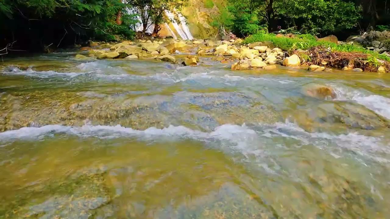 4k UHD Blue Mountain Waterfall on Lake Water. Nature Sounds, Waterfall Sounds, White Noise for Sleep