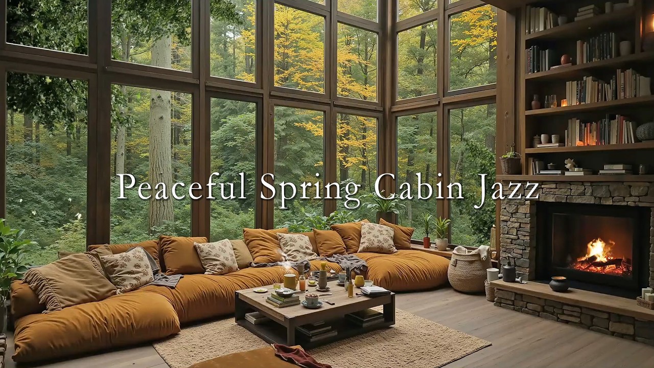 Peaceful Spring Cabin Jazz ☕ Cozy Fireplace, Green Forest & Calm Jazz Ambience