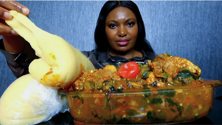 Asmr mukbang delicious vegetables okra soup with plantain fufu