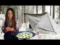 Camping in the rain  snow in canvas hot tent alone  cooking in the woods  winter asmr