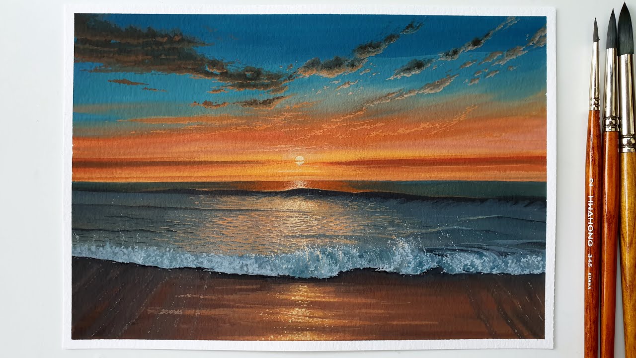 Painting a Sunset Beach Landscape ｜Ocean Sunset Beach Painting with  Gouache