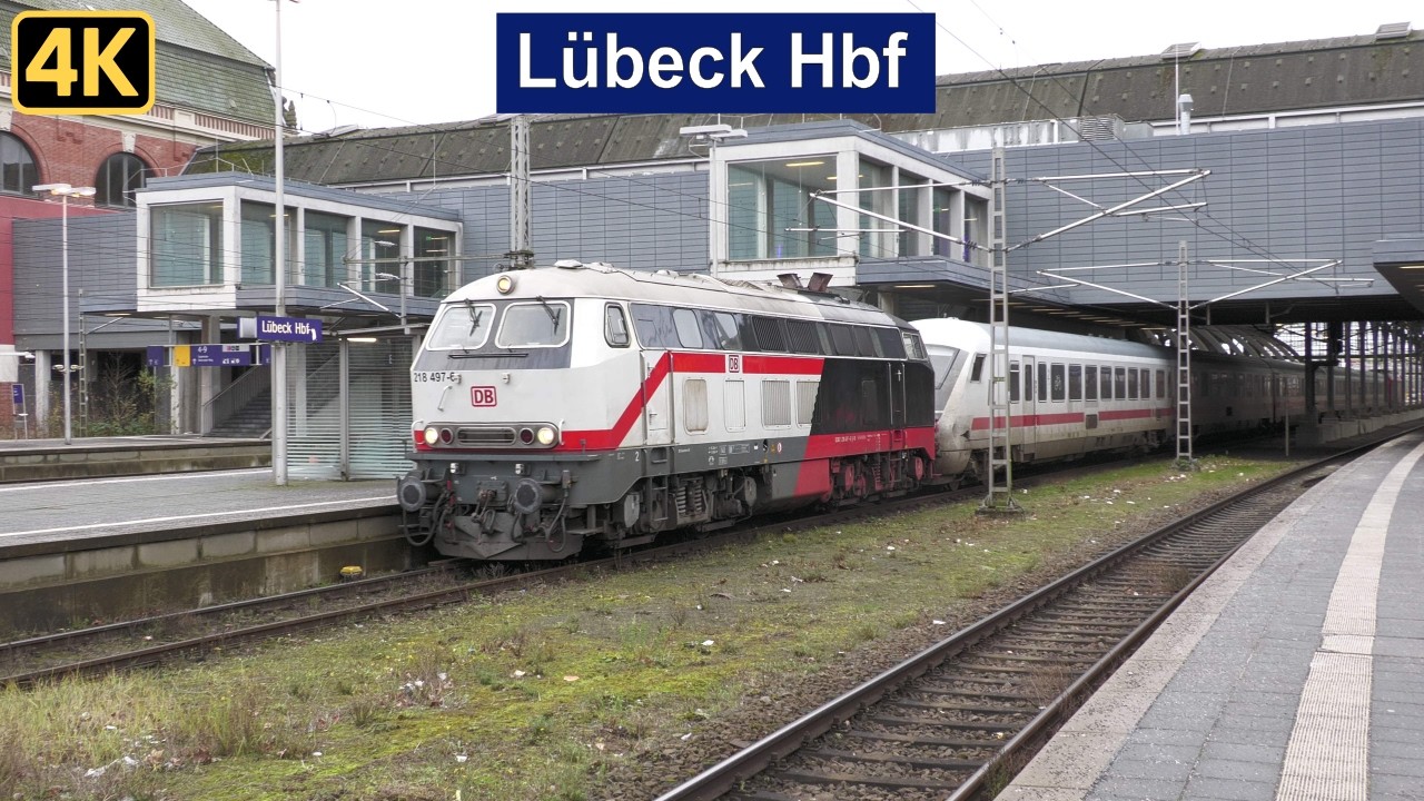 Bahnverkehr in Lübeck Hbf mit Br 218 + Intercity, Br 101, Akku FLIRTs, KISS und Br 623