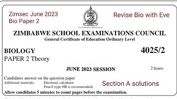 Zimsec June 2023, Biology Paper 2, Solutions for Section A