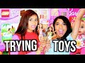 GIRLS TRY POPULAR KIDS TOYS! LEGOS BARBIES CRYING DOLLS | MyLifeAsEva