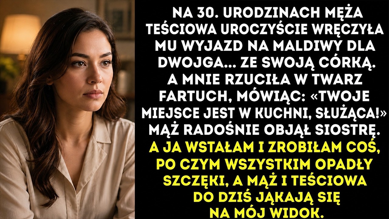 Stało się to na urodzinach teściowej, kiedy podała mojemu mężowi voucher na Malediwy dla dwojga, a mnie – tani fartuch w groszki. „Każda kobieta powinna znać swoje miejsce” – powiedziała głośno, a...