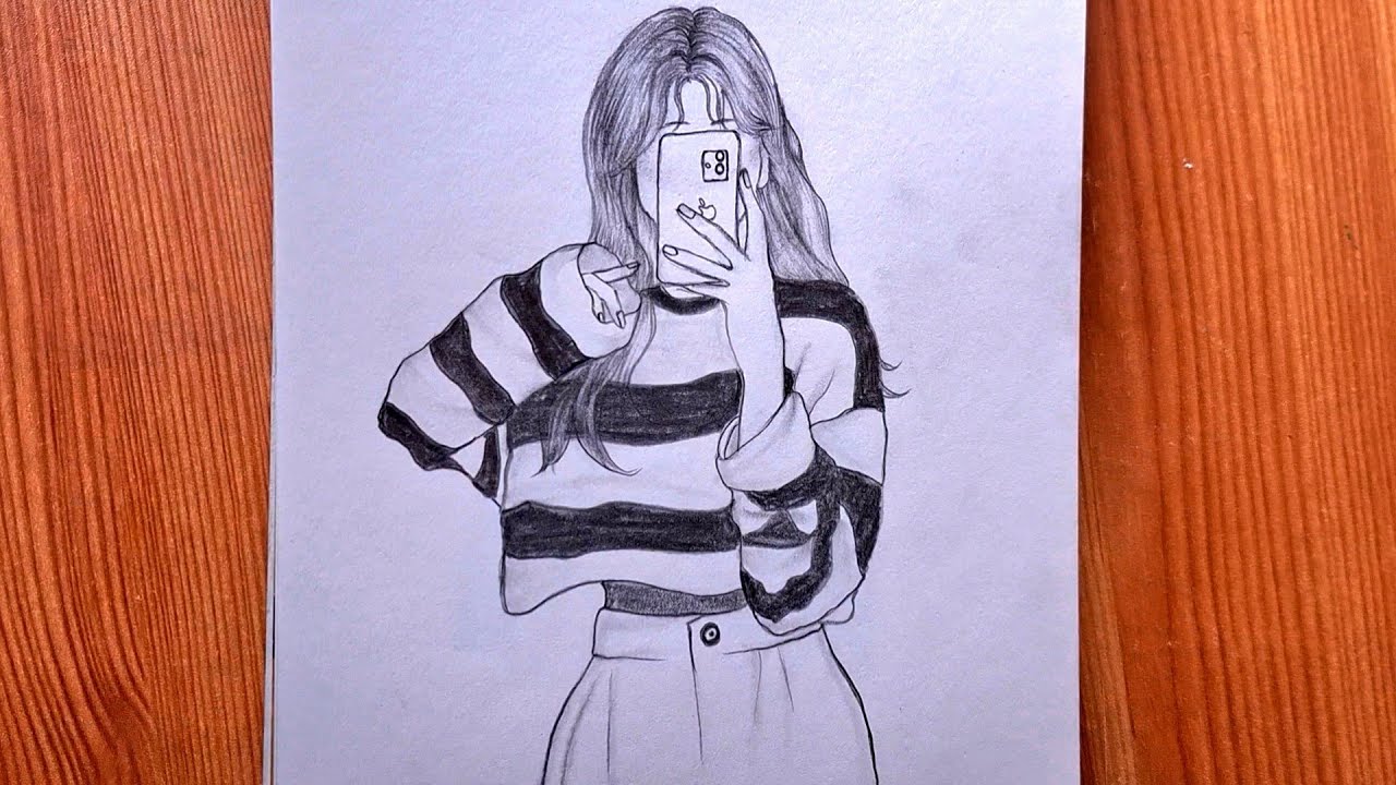Girl taking selfie pencil drawing ||pencil art of girl hiding face||easy drawings 