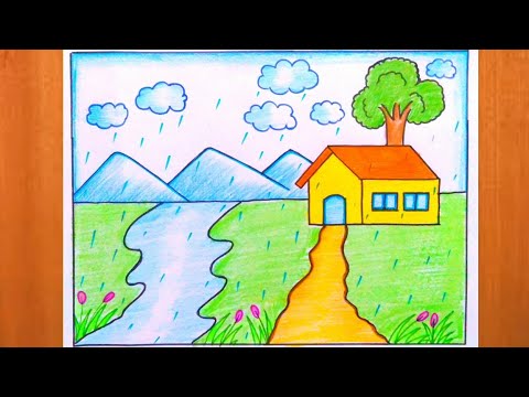 Rainy Season Scenery Drawing for Beginner | Simple Dawing of Rainy Day ...