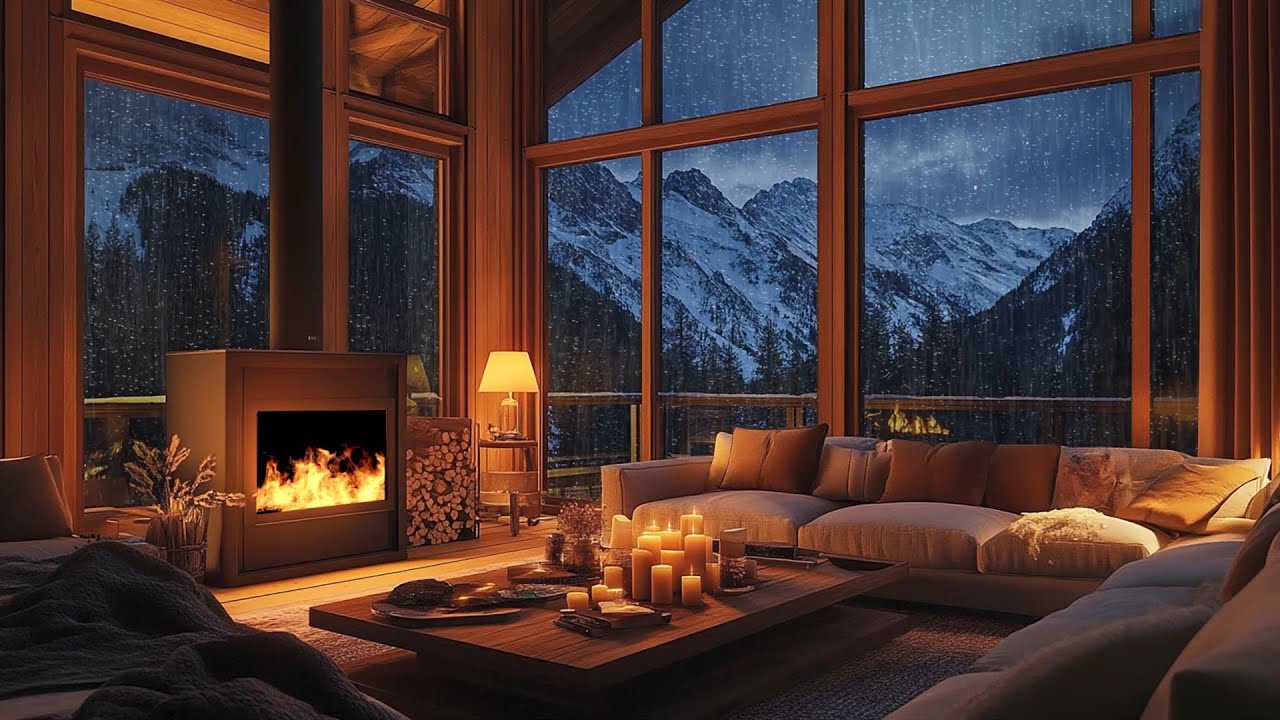 Cozy Mountain Cabin Fireplace ❄️ Soft Piano Music for Deep Sleep & Relaxation